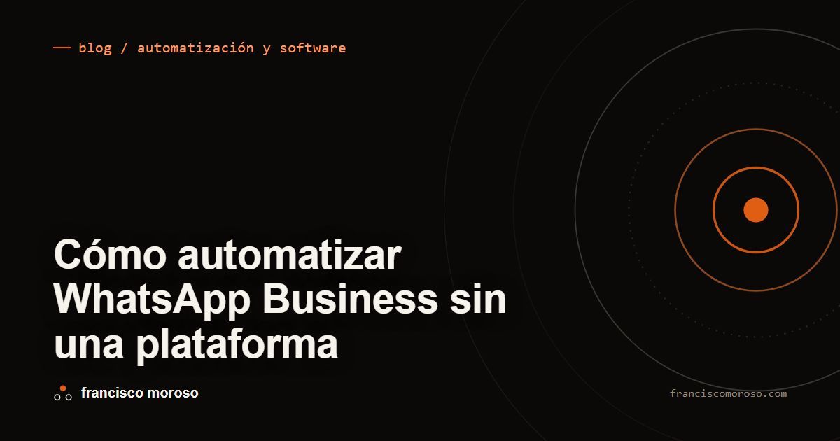 Portada oscura con el título Cómo automatizar WhatsApp Business sin una plataforma en tipografía blanca, la etiqueta blog / automatización y software arriba con un tick naranjo, y anillos concéntricos a la derecha, los interiores en naranjo, alrededor de un punto naranjo central.