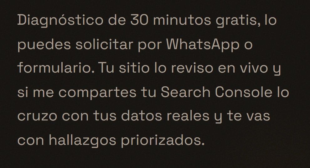 Cierre de la ficha de consultor SEO. Está marcada la frase Diagnóstico de 30 minutos gratis.