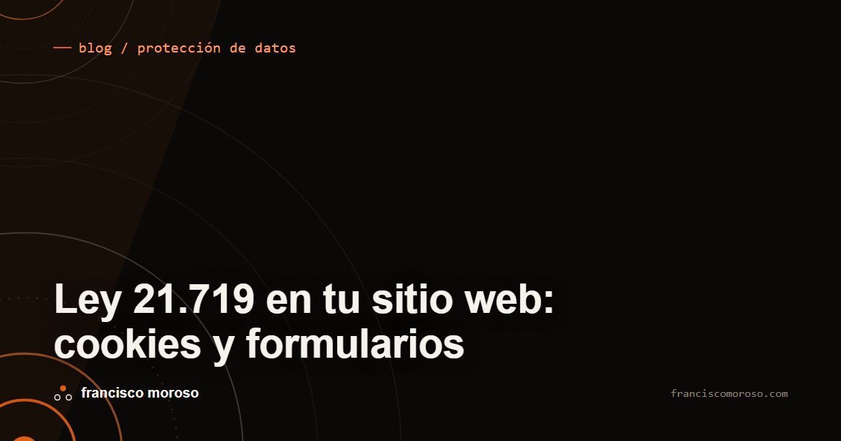 Portada oscura con el título Ley 21.719 en tu sitio web: cookies y formularios en tipografía blanca grande y en dos líneas, abajo a la izquierda; arriba la etiqueta naranja blog / protección de datos con una línea corta delante; anillos concéntricos grises y naranjos recortados por las esquinas superior e inferior izquierdas, con una banda diagonal naranja tenue detrás; firma francisco moroso al pie y franciscomoroso.com a la derecha.