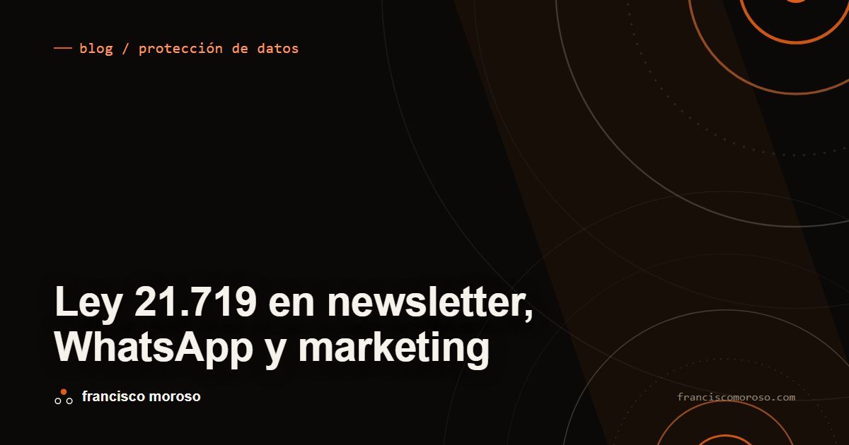 Portada oscura con el título Ley 21.719 en newsletter, WhatsApp y marketing en tipografía blanca grande y en dos líneas, abajo a la izquierda; arriba la etiqueta naranja blog / protección de datos con una línea corta delante; anillos concéntricos grises y naranjos recortados por las esquinas superior e inferior derechas, con una banda diagonal naranja tenue detrás; firma francisco moroso al pie y franciscomoroso.com a la derecha.