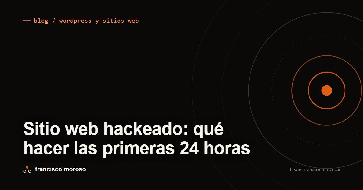 Portada oscura con el título Sitio web hackeado: qué hacer las primeras 24 horas en tipografía blanca, la etiqueta blog / wordpress y sitios web arriba con un tick naranjo, y una serie de anillos concéntricos a la derecha, con un punto naranjo sólido al centro y círculos que se apagan hacia afuera hasta quedar cortados por el borde.